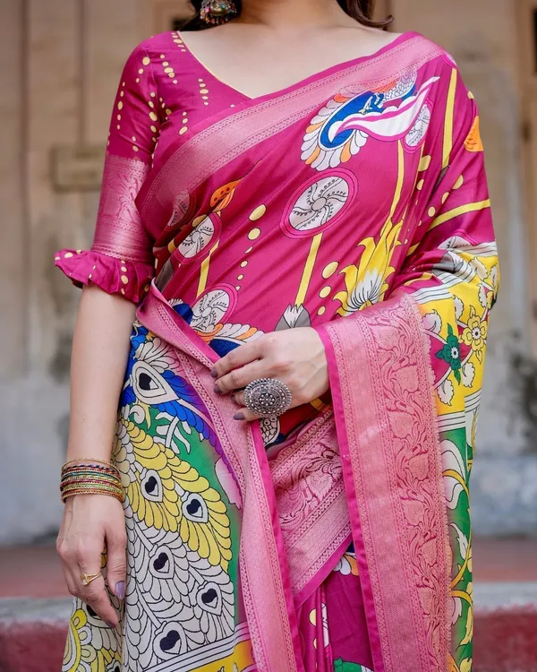Magenta_Tussar_Silk_Saree_with_Artistic_Peacock_&_Floral_Kalamkari_Design