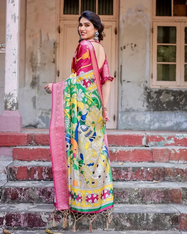 Magenta_Tussar_Silk_Saree_with_Artistic_Peacock_&_Floral_Kalamkari_Design
