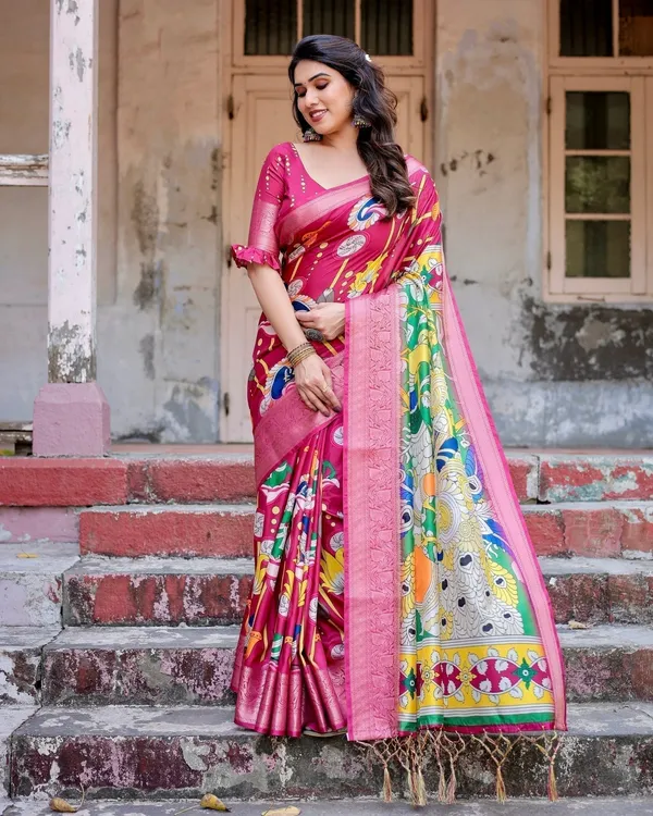 Magenta_Tussar_Silk_Saree_with_Artistic_Peacock_&_Floral_Kalamkari_Design