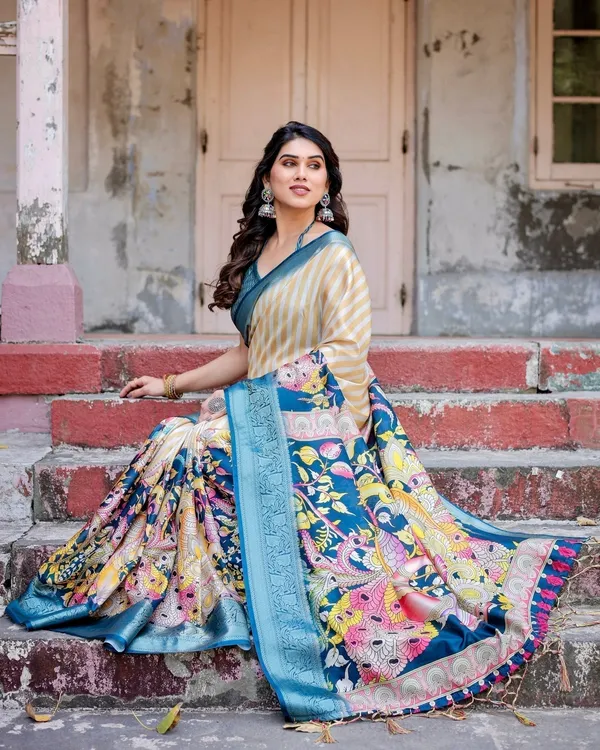 Beige_&_Teal_Tussar_Silk_Saree_with_Intricate_Kalamkari_and_Zari_Border