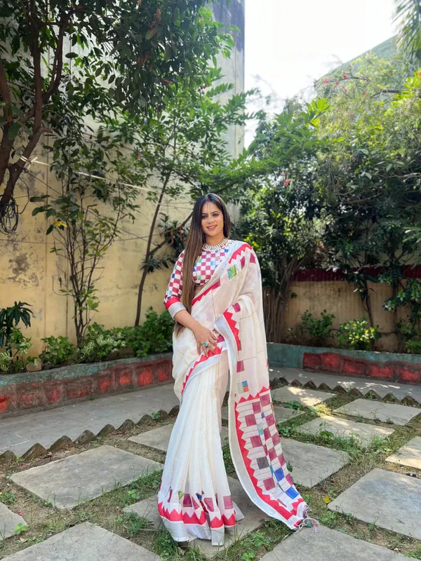 White_Pure_Cotton_Linen_Saree_with_Multicolor_Checkered_Design,_Blouse,_and_Tassel_Detailing