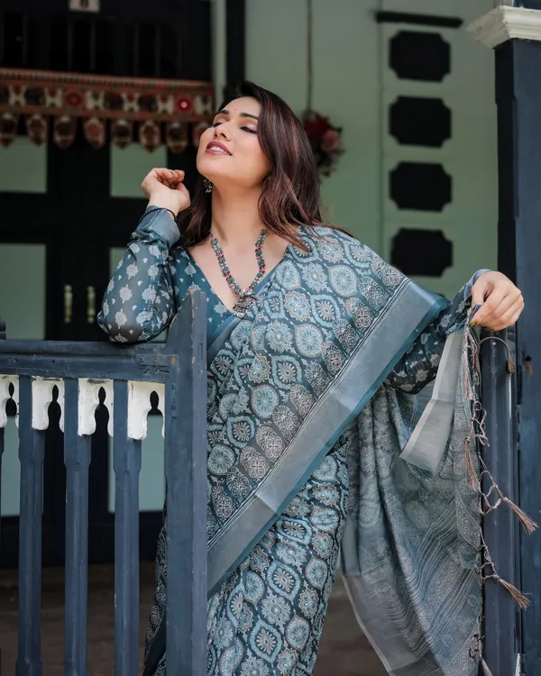 Teal_Blue_Pure_Cotton_Linen_Saree_with_Geometric_Block_Print,_Blouse,_and_Tassel_Detailing