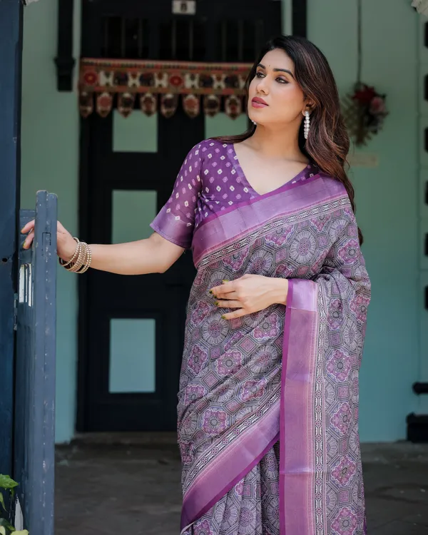Elegant_Purple_Cotton_Linen_Saree_with_Geometric_Motif_and_Blouse