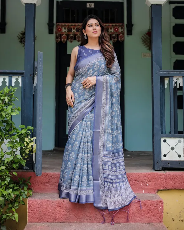 Elegant_Blue_Pure_Cotton_Linen_Saree_with_Floral_Pattern,_Blouse,_and_Tassels_on_Edges