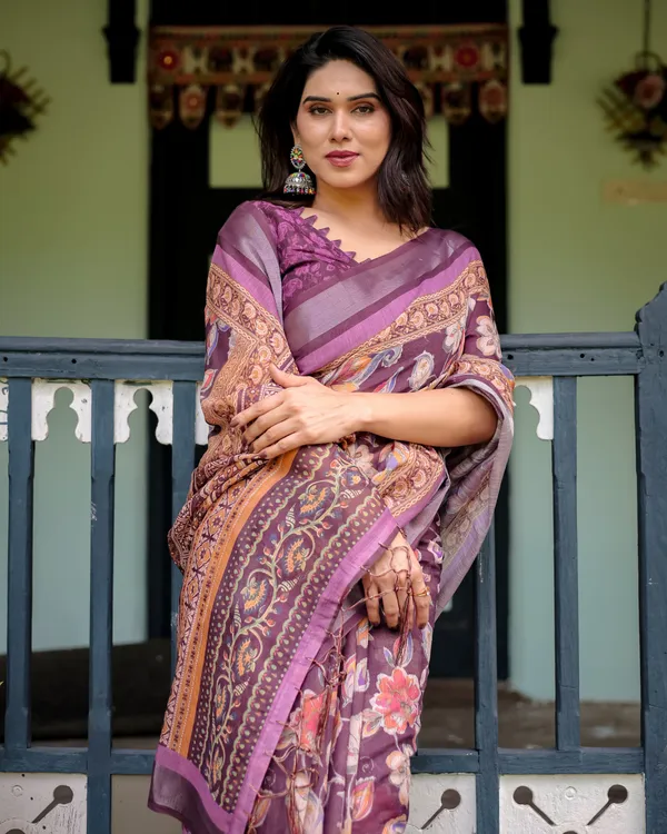 Purple_Floral_Printed_Pure_Cotton_Linen_Saree_with_Blouse_and_Tassels