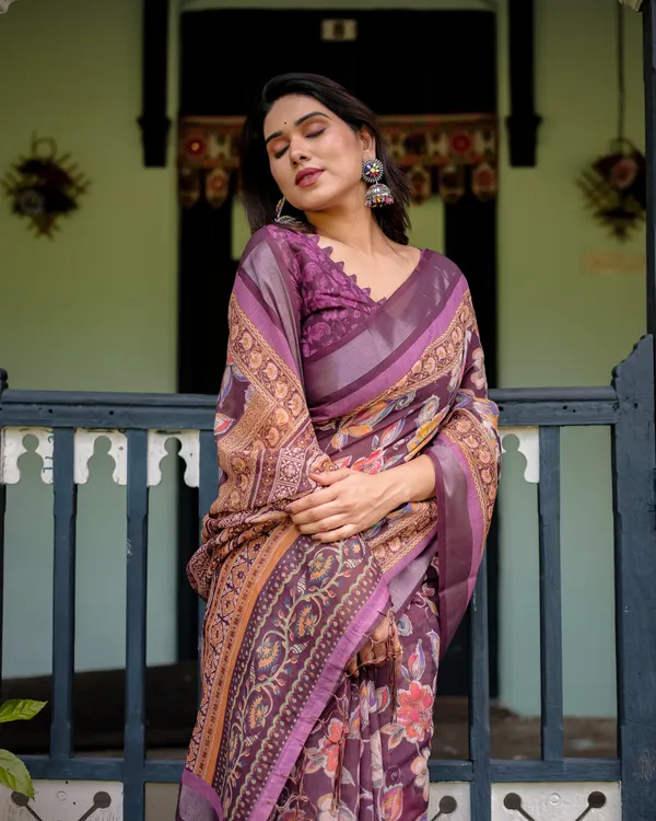 Purple_Floral_Printed_Pure_Cotton_Linen_Saree_with_Blouse_and_Tassels