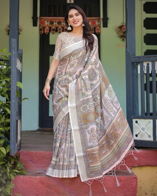 Cream_and_Pastel_Multicolour_Printed_Pure_Cotton_Linen_Saree_with_Blouse_and_Tassels_on_Edges