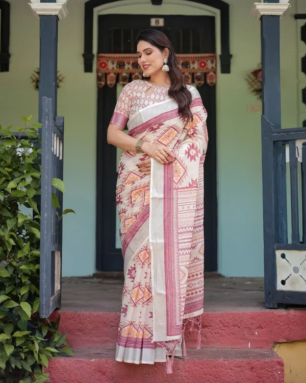 Cream_and_Maroon_Geometric_Printed_Pure_Cotton_Linen_Saree_with_Blouse_and_Tassels