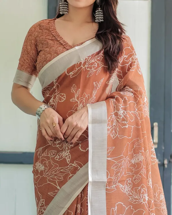 Terracotta_Brown_Floral_Handprinted_Pure_Cotton_Linen_Saree_with_Tassels