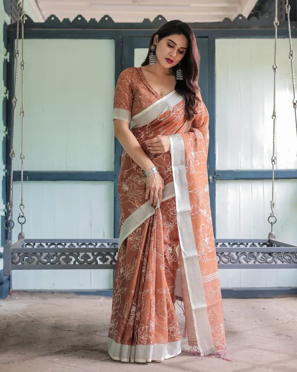 Terracotta_Brown_Floral_Handprinted_Pure_Cotton_Linen_Saree_with_Tassels
