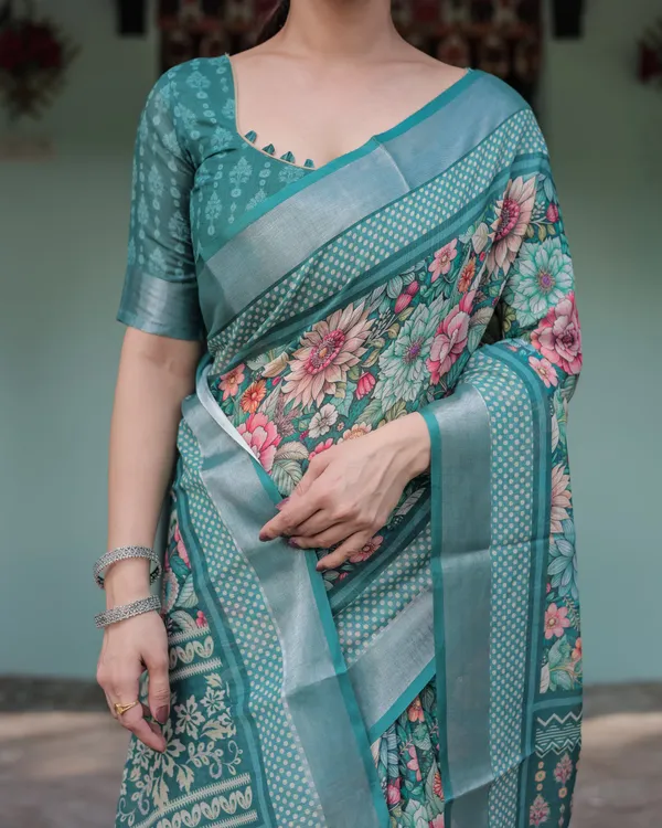 Teal_Green_Floral_Printed_Pure_Cotton_Linen_Saree_with_Blouse_and_Tassels_on_Edges