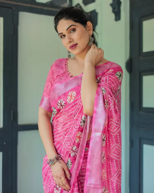 Fuchsia_Pink_Handcrafted_Cotton_Linen_Saree_with_Geometric_Print_and_Tassels