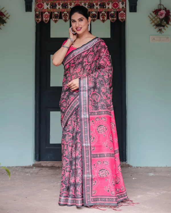 Pure_Cotton_Linen_Saree_in_Black_and_Pink_with_Floral_Print_and_Tassels
