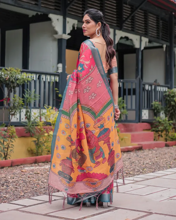 Pink_and_Orange_Pure_Cotton_Linen_Saree_with_Floral_Kalamkari_Print,_Blue_Border,_and_Tassels