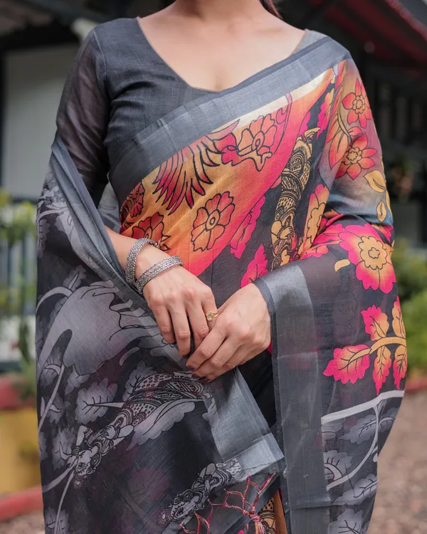 Multicolor_Floral_Design_Pure_Cotton_Linen_Saree_with_Blouse_and_Tassels