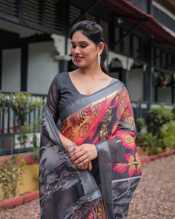 Multicolor_Floral_Design_Pure_Cotton_Linen_Saree_with_Blouse_and_Tassels
