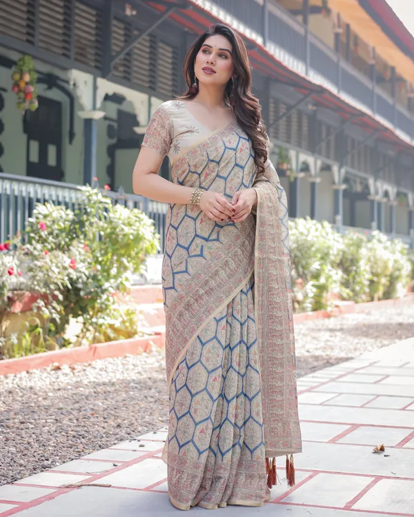Classic_Beige_Handloom_Cotton-Linen_Saree_with_Madhubani-Inspired_Prints_and_Zari_Highlights