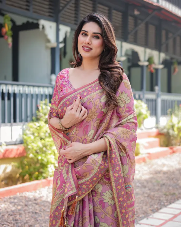 Regal_Pink_Handloom_Cotton-Linen_Saree_with_Floral_Motifs,_Golden_Zari_Highlights,_and_Tassel_Detailing