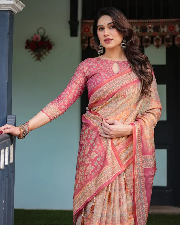 Peach_and_Pink_Handloom_Cotton-Linen_Saree_with_Mythological_Motifs_and_Floral_Pallu