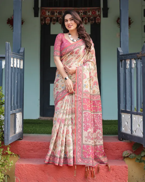 Cream_and_Pink_Handloom_Cotton-Linen_Saree_with_Vibrant_Floral_and_Elephant_Motifs