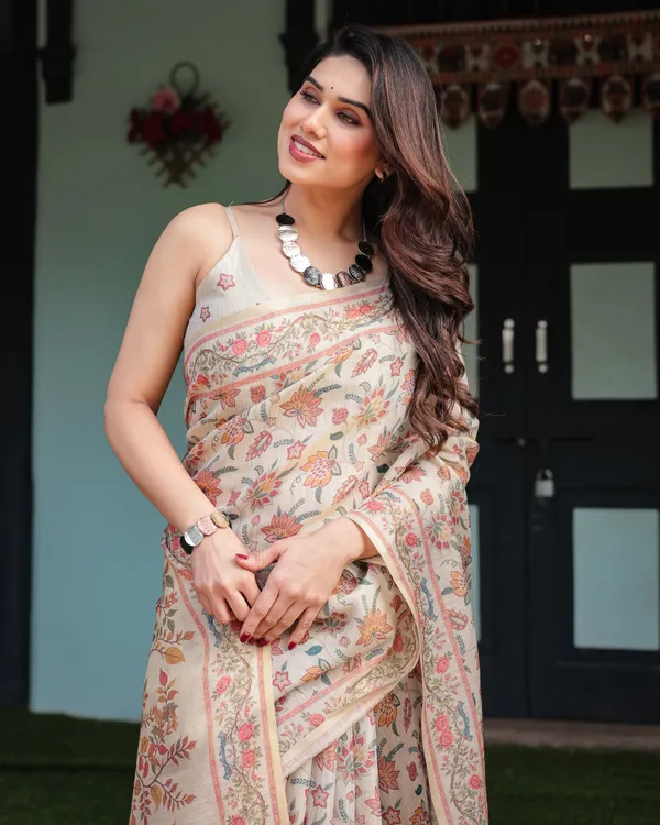Elegant_Beige_Handloom_Cotton-Linen_Saree_with_Golden_Zari_Weave,_Floral_Printed_Pallu_&_Tassel_Detailing