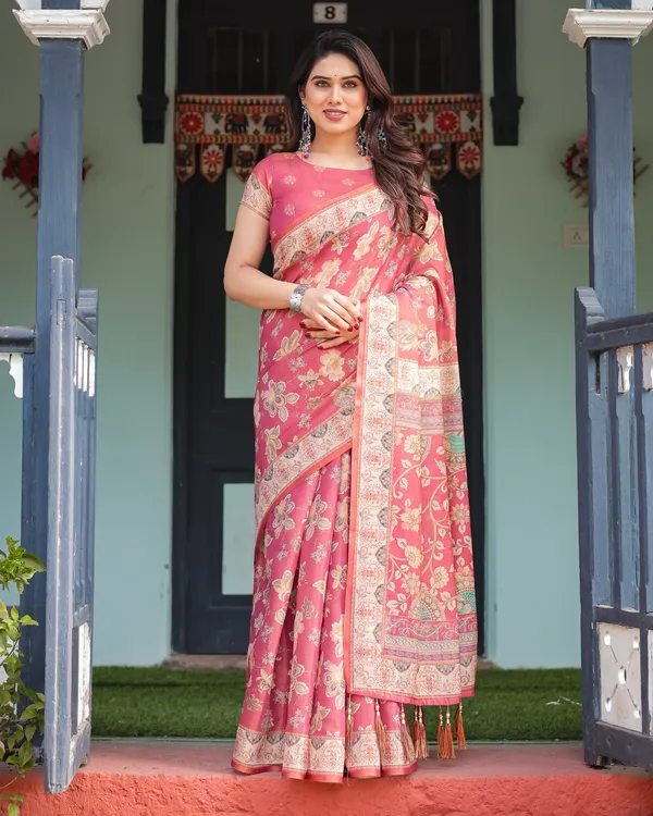 Rosy_Pink_with_Intricate_Floral_Motifs_Linen_Cotton_Handloom_Printed_Saree,_Peacock_Pallu,_and_Tassels