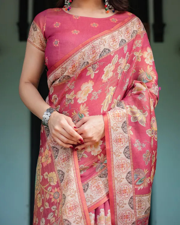 Rosy_Pink_with_Intricate_Floral_Motifs_Linen_Cotton_Handloom_Printed_Saree,_Peacock_Pallu,_and_Tassels