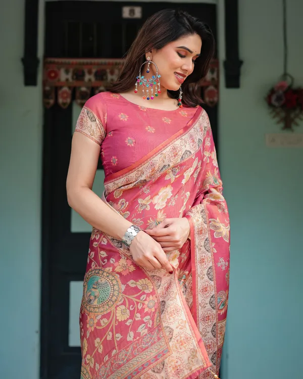 Rosy_Pink_with_Intricate_Floral_Motifs_Linen_Cotton_Handloom_Printed_Saree,_Peacock_Pallu,_and_Tassels