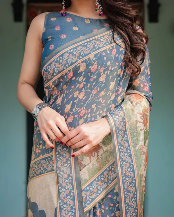 Steel_Blue_with_Floral_Patterns_Linen_Cotton_Handloom_Printed_Saree,_Heritage-Inspired_Pallu,_and_Tassels