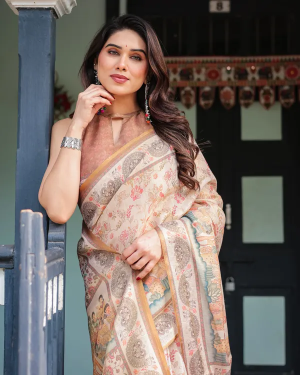 Ivory_with_Floral_Prints_Linen_Cotton_Handloom_Printed_Saree,_Festive_Procession_Pallu,_and_Tassels