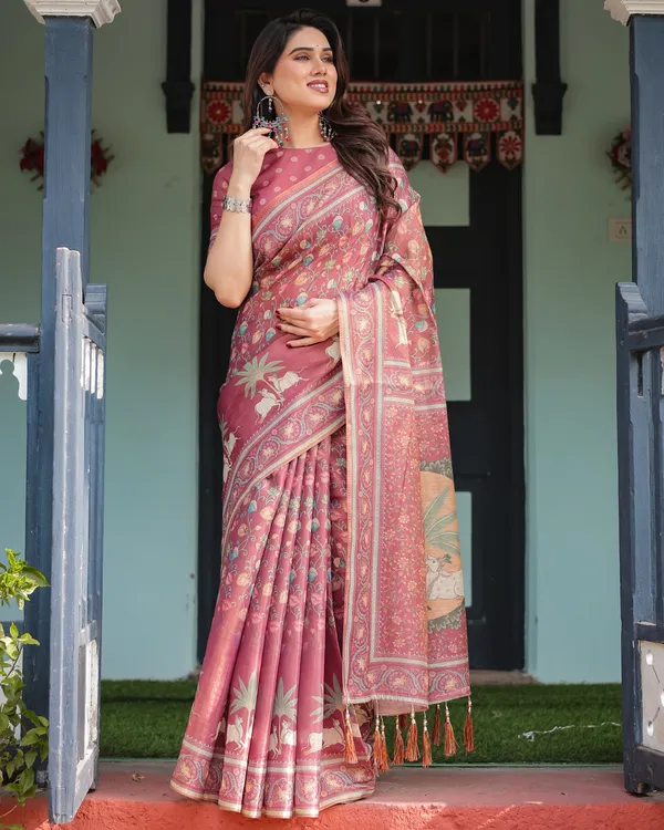 Mauve_with_Floral_Motifs_Linen_Cotton_Handloom_Printed_Saree,_Pastoral_Scene_Pallu,_and_Tassels