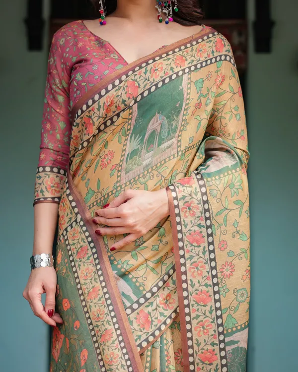 Mustard_Yellow_with_Floral_Motifs,_Linen_Cotton_Handloom_Printed_Saree_Architectural_Pallu,_and_Tassels