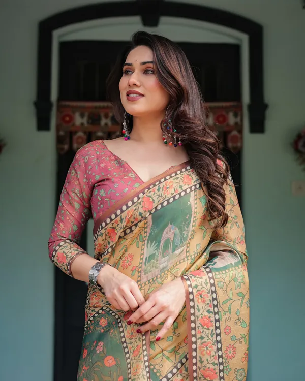 Mustard_Yellow_with_Floral_Motifs,_Linen_Cotton_Handloom_Printed_Saree_Architectural_Pallu,_and_Tassels
