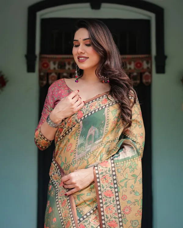 Mustard_Yellow_with_Floral_Motifs,_Linen_Cotton_Handloom_Printed_Saree_Architectural_Pallu,_and_Tassels
