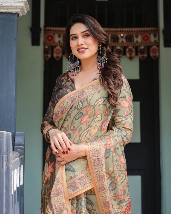 Sage_Green_with_Bold_Floral_Motifs_Linen_Cotton_Handloom_Printed_Saree,_Vibrant_Peacock_Pallu,_and_Tassels