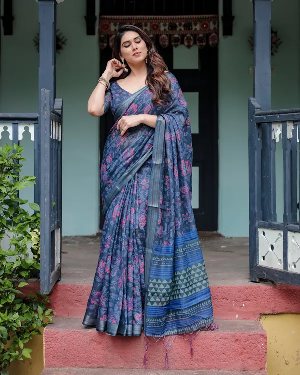 Navy_Blue_Pure_Cotton_Linen_Saree_with_Floral_Print,_Blouse,_and_Tassel_Detailing