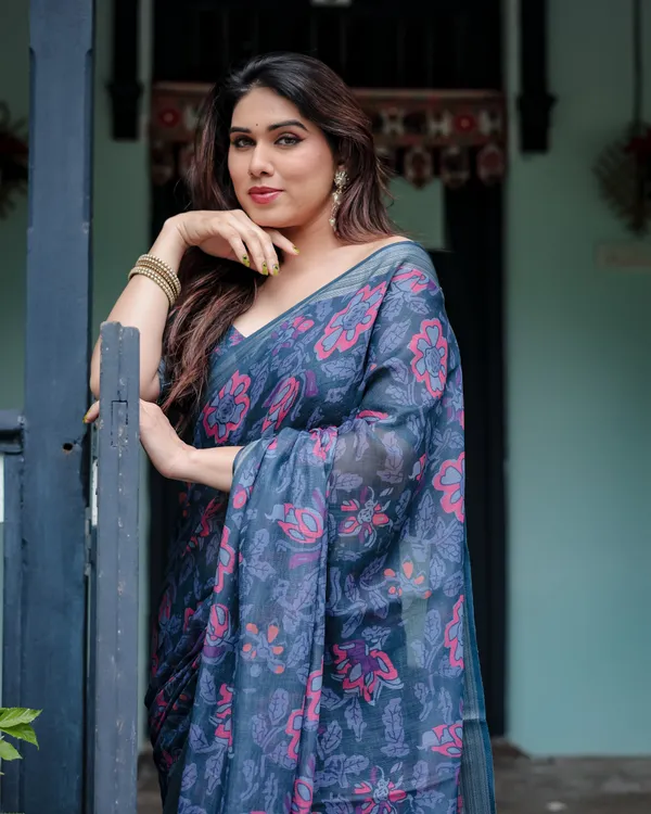 Navy_Blue_Pure_Cotton_Linen_Saree_with_Floral_Print,_Blouse,_and_Tassel_Detailing