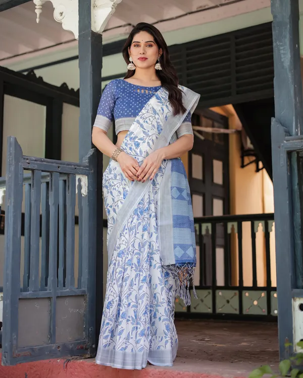 Blue_and_White_Floral_Pure_Cotton_Linen_Saree_with_Blouse_and_Tassels