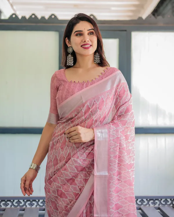 Elegant_Rose_Pink_Pure_Cotton_Linen_Saree_with_White_Thread_Work,_Matching_Blouse,_and_Tassel_Edges