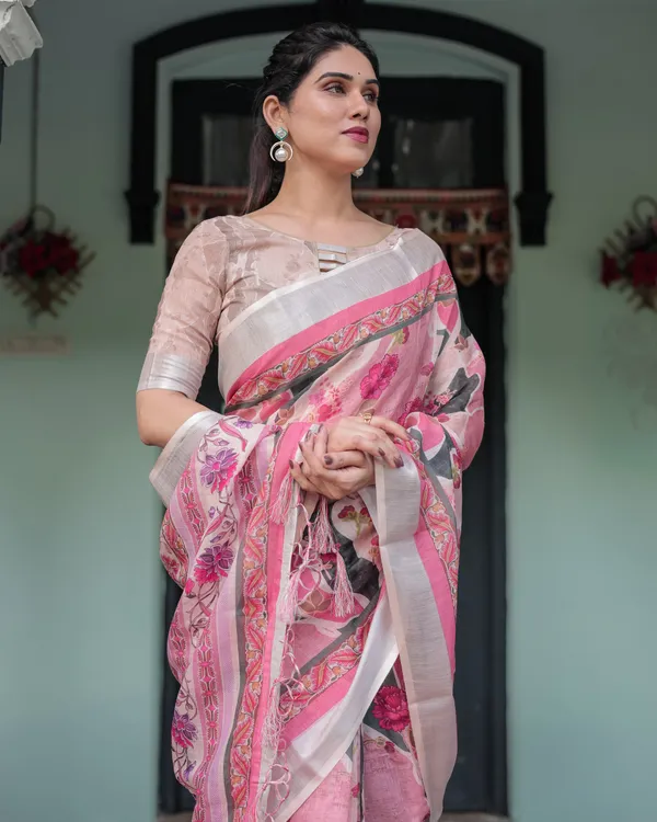 Elegant_Pink_and_White_Pure_Cotton_Linen_Saree_with_Floral_and_Foliage_Prints,_Contrast_Border,_and_Tassels