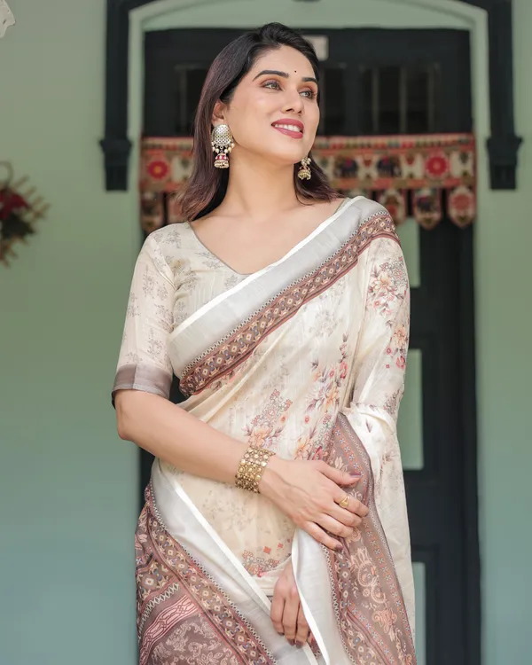Cream_and_Brown_Floral_Print_Pure_Cotton_Linen_Saree_with_Blouse_and_Tassels_on_Edges
