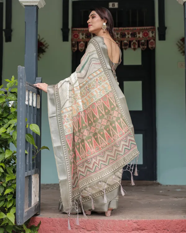 Cream_and_Olive_Green_Pure_Cotton_Linen_Saree_with_Floral_and_Geometric_Print_and_Tassels_on_Edges
