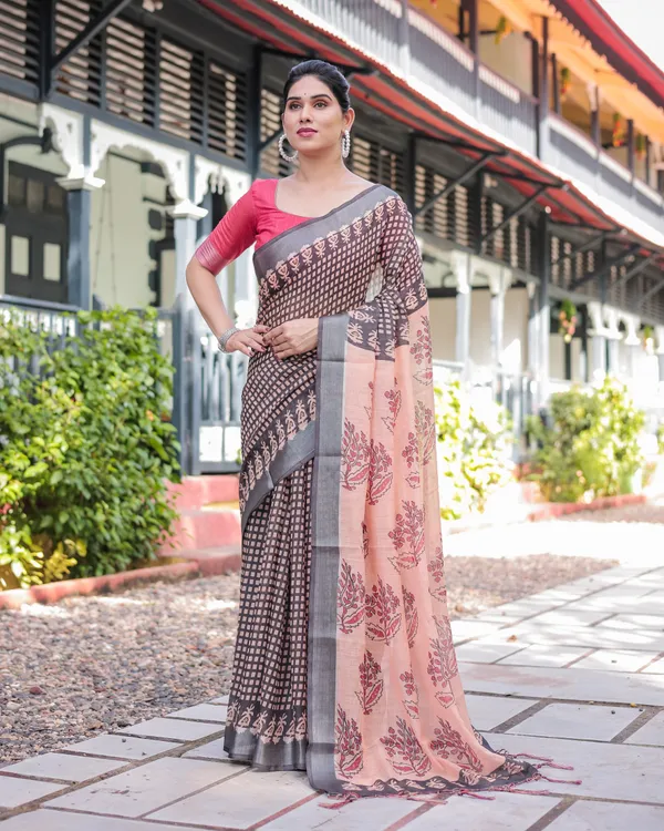 Peach_and_Black_Floral_and_Geometric_Design_Pure_Cotton_Linen_Saree_with_Blouse_and_Tassels
