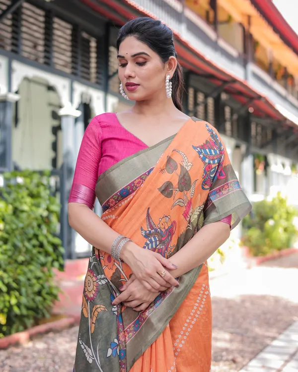 Orange_and_Olive_Green_Kalamkari_Design_Pure_Cotton_Linen_Saree_with_Blouse_and_Tassels