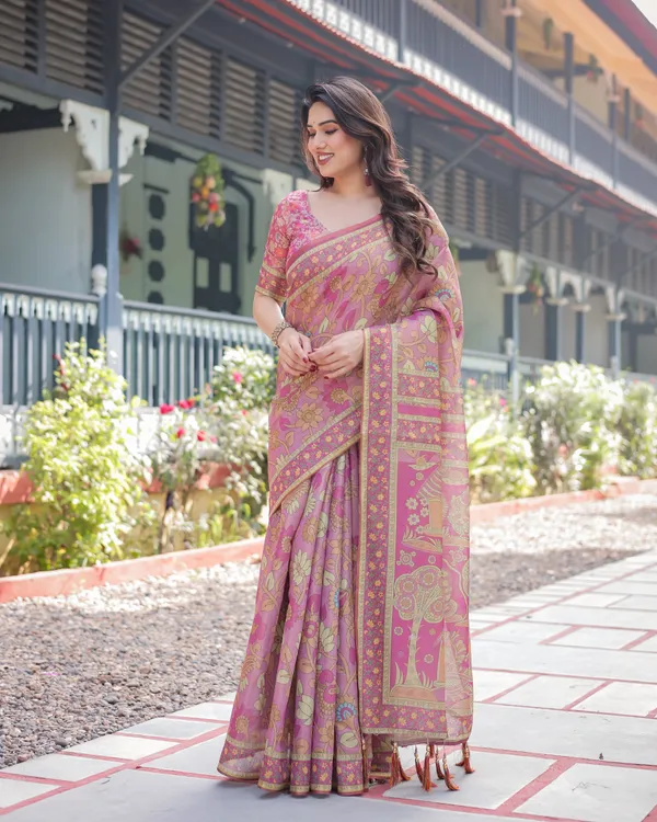 Regal_Pink_Handloom_Cotton-Linen_Saree_with_Floral_Motifs,_Golden_Zari_Highlights,_and_Tassel_Detailing