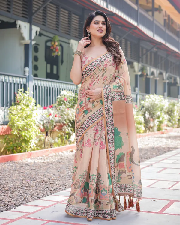 Beige_Handloom_Cotton-Linen_Saree_with_Elephant_Motifs_and_Geometric_Border_Design