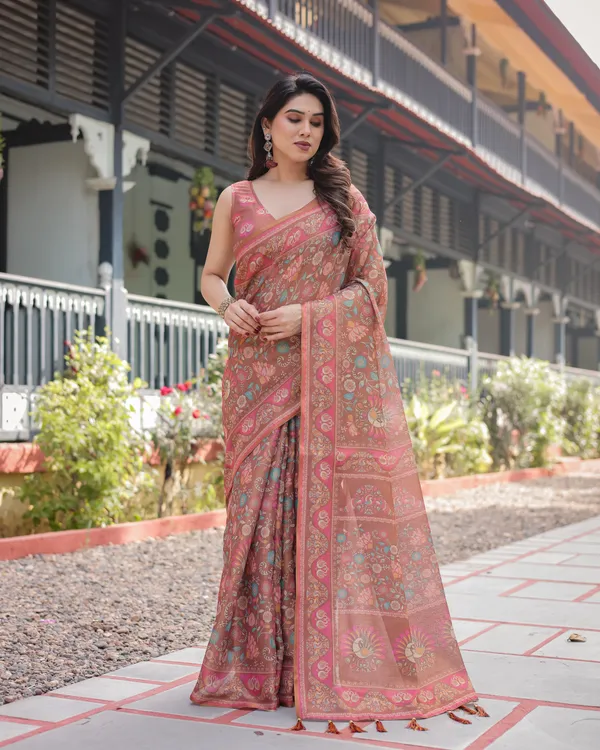 Copper_Brown_Handloom_Cotton-Linen_Saree_with_Floral_Motifs_and_Vibrant_Pink_Accents