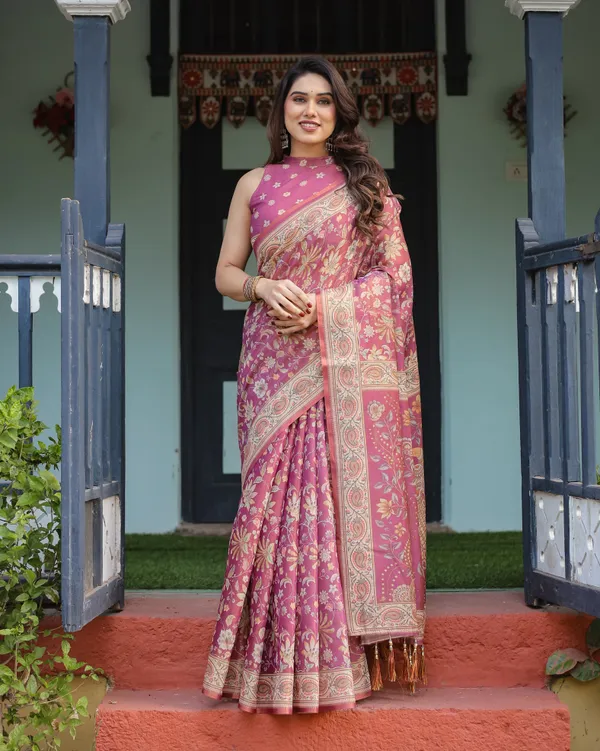 Magenta_Handloom_Cotton-Linen_Saree_with_Gold_Floral_Motifs_and_Peacock_Pallu