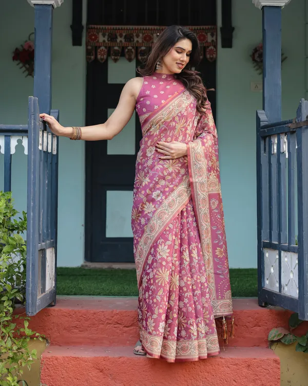 Magenta_Handloom_Cotton-Linen_Saree_with_Gold_Floral_Motifs_and_Peacock_Pallu