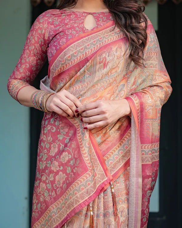 Peach_and_Pink_Handloom_Cotton-Linen_Saree_with_Mythological_Motifs_and_Floral_Pallu